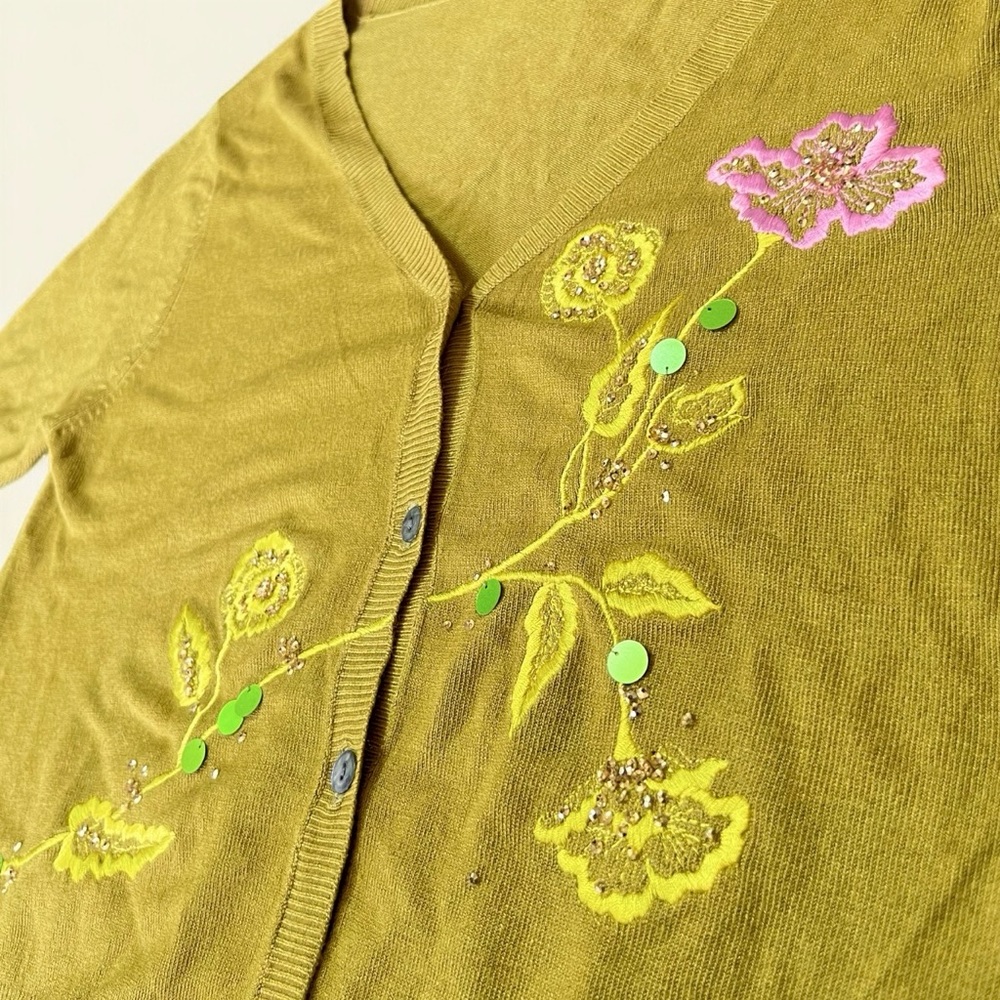 La Coquette Y2K Designer Olive Yellow Short Sleeve Floral Embroidered Cardigan